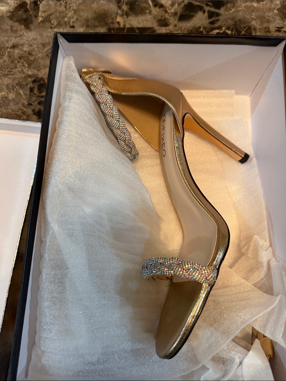 Gold Rhinestone Braided-Strap Stiletto Sandals